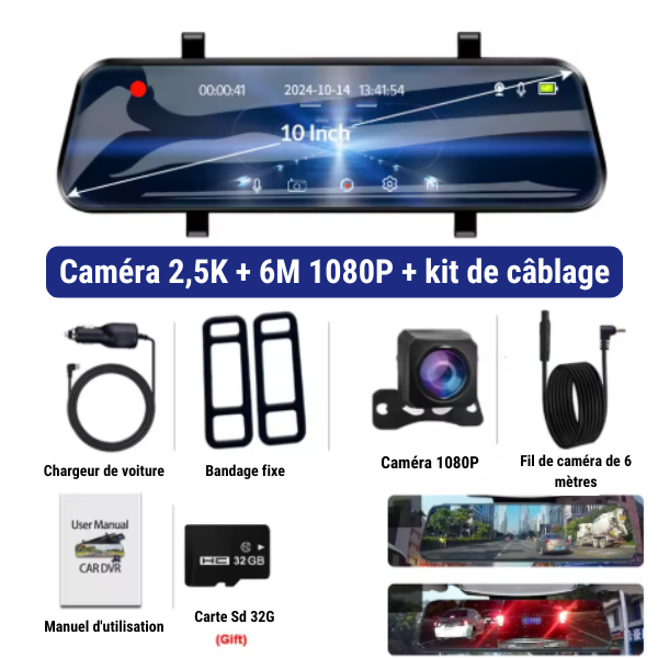 Dashcam Rétroviseur avec Écran Tactile de 10 pouces + Wi-Fi