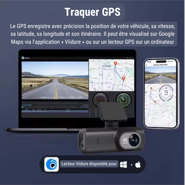Dashcam Caméra 4K de voiture WiFi Connectée avec Commande Vocale + GPS