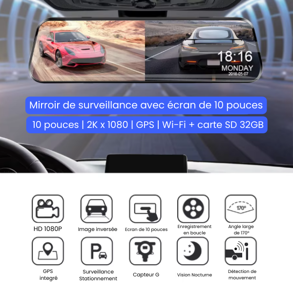 Dashcam Rétroviseur avec Écran Tactile de 10 pouces + Wi-Fi