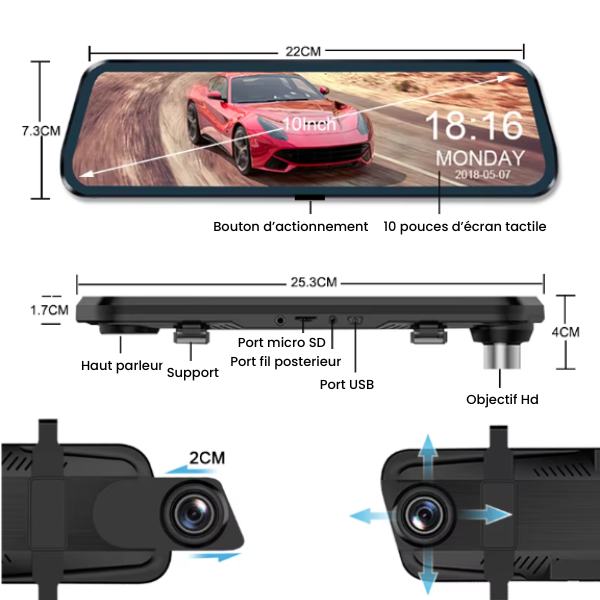 Dashcam Rétroviseur avec Écran Tactile de 10 pouces + Wi-Fi