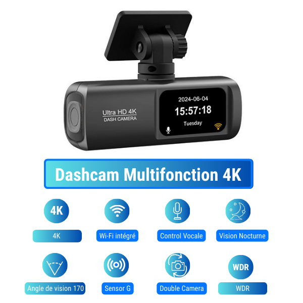 Dashcam Caméra 4K de voiture WiFi Connectée avec Commande Vocale + GPS